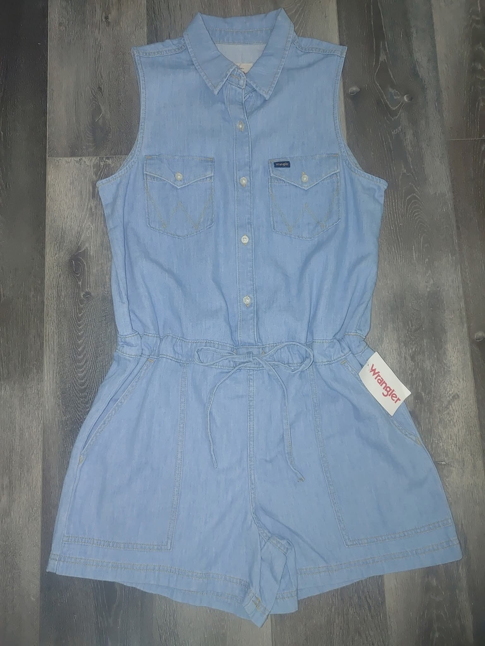 Wrangler Light Blue Denim Sleeveless Romper with Tie Waist
